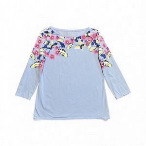 Talbots Butterfly Blouse Women’s Medium Pale Blue Floral Stretchy Top